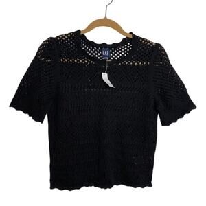 Gap Crochet Top Cropped Black Knit Cottagecore Boho Short Sleeve Blouse New Sm